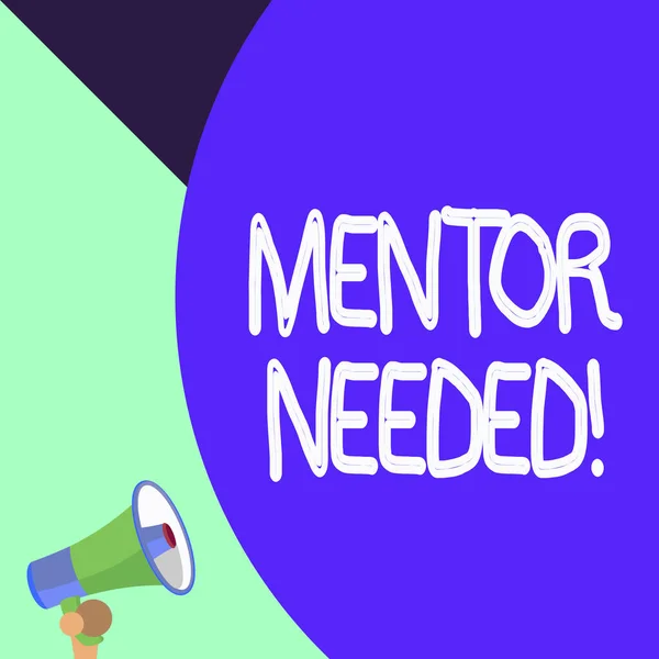 Word writing text Mentor Needed. Business concept for Employee training under senior assigned act as advisor Half part blank huge balloon empty text with small megaphone. Announcement.
