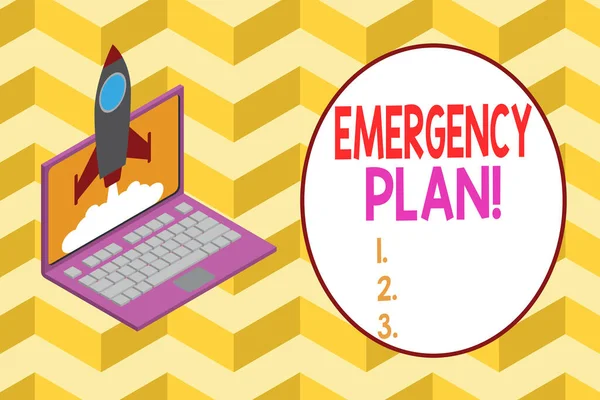 Conceptual hand writing showing Emergency Plan. Business photo showcasing actions developed to mitigate damage of potential events Rocket launching clouds laptop Startup project growing SEO. — Stock Photo, Image