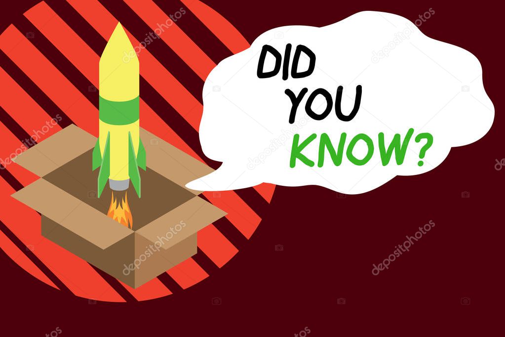 Handwriting text writing Did You Know Question. Concept meaning Fun Facts and Figures Information General Knowledge Fire launching rocket carton box. Starting up project. Fuel inspiration.