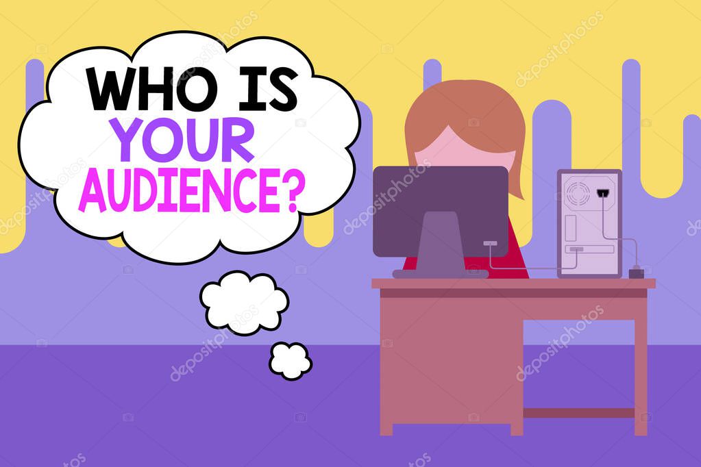 Text sign showing Who Is Your Audience Question. Conceptual photo who is watching or listening to it Young female working office sitting desktop computer office monitor photo.