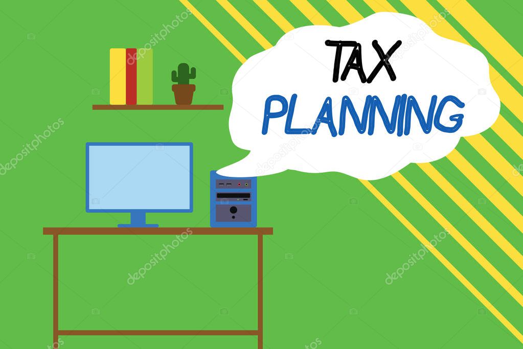Word writing text Tax Planning. Business concept for analysis of financial situation or plan from a tax perspective Desktop computer wooden table background shelf books flower pot ornaments.