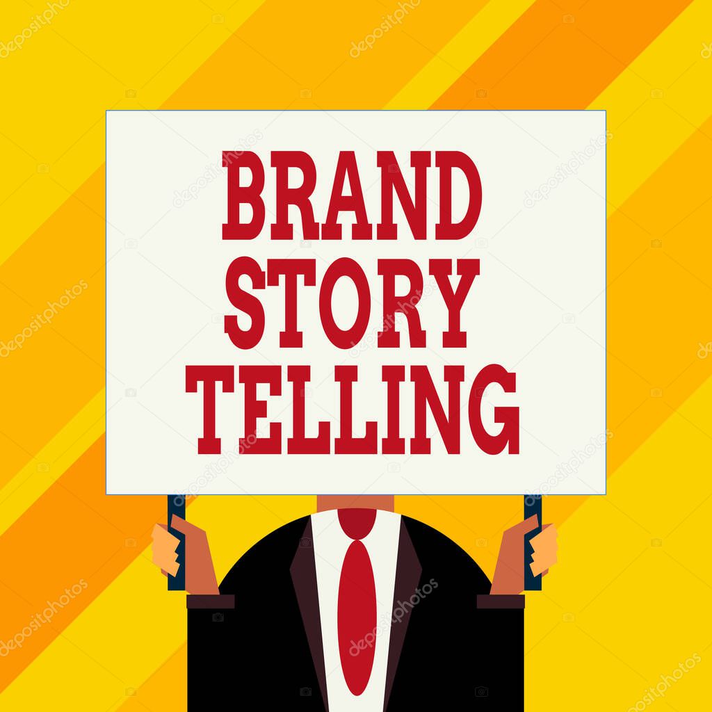 Conceptual hand writing showing Brand Story Telling. Business photo showcasing Breathing Life into a Brand an Engaging Content Just man chest dressed dark suit tie holding big rectangle.