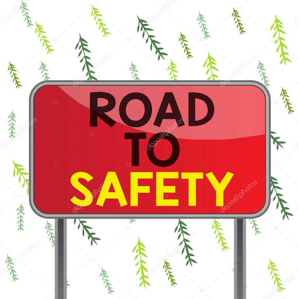 Handwriting text Road To Safety. Concept meaning Secure travel protect yourself and others Warning Caution Board ground metallic pole empty panel plank colorful backgound attached.