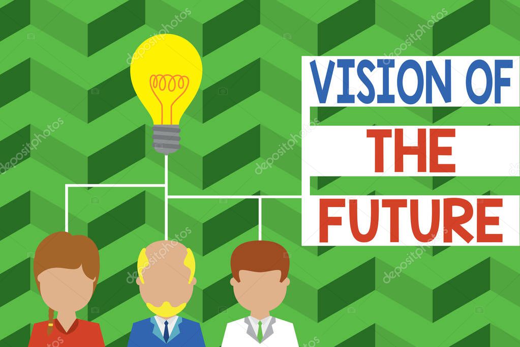 Word writing text Vision Of The Future. Business concept for Seeing something Ahead a Clear Guide of Action Group three executive persons sharing idea icon. Startup team meeting.