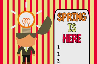 İlkbahar Burada 'yı gösteren bir not yazıyorum. İş fotoğrafı gösterimi Kış mevsiminden sonra doğanın tadını çıkarın. Çiçekler, güneş, başarılı takım elbise kravat, yenilikçi çözümler..