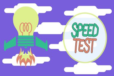 Conceptual hand writing showing Speed Test. Business photo showcasing psychological test for the maximum speed of performing a task Top view launching bulb rocket fire base Project Fuel idea.