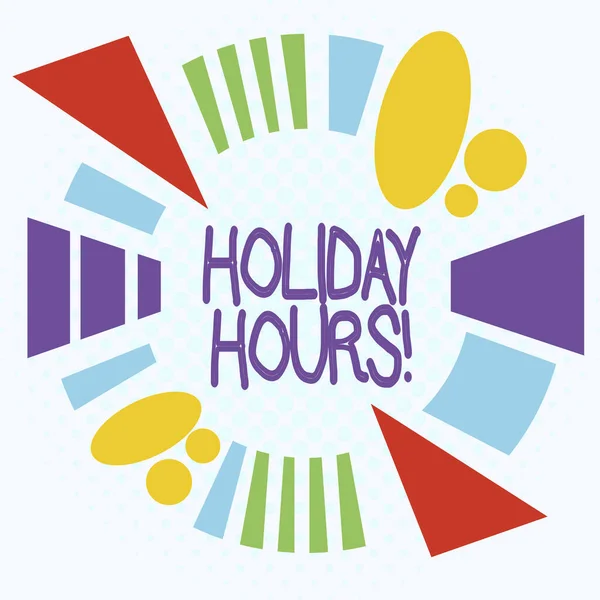 Word writing text Holiday Hours. Business concept for Overtime work on for employees under flexible work schedules Asymmetrical uneven shaped format pattern object outline multicolour design. — Stock Photo, Image