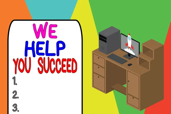 Word writing text We Help You Succeed. Business concept for Aided Supported Funded someone to reach his dreams Working desktop station drawers personal computer launching rocket clouds. — Stock Photo, Image