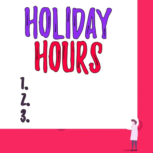 Text sign showing Holiday Hours. Conceptual photo employee receives twice their normal pay for all hours One man professor wear white coat red tie hold big board use two hands. — ストック写真