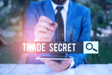 Handwriting text Trade Secret. Concept meaning technique used by a company in analysisufacturing its products Businessman pointing with pen in empty copy space.