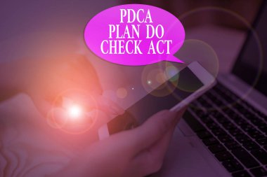 Kavramsal el PDCA Plan yapmak kontrol hareket gösteren yazma. Sorunları çözme sürecinde iş fotoğraf Deming tekerlek vitrine geliştirilmiş.