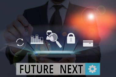 El yazısı Futuro Next. Anlamı zihinsel süreç kümesi Huanalysis zihin iş akışı simgeleri Eşsiz.