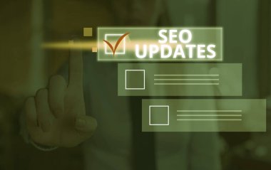 Seo Güncellemelerini gösteren kavramsal el yazısı. Arama motoru optimizasyonunda iş fotoğrafı metni veya tasarım.