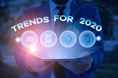 Metin işareti 2020 için trendleri gösteriyor. Bu yıl çok çabuk popüler olan şeylerin kavramsal fotoğraf listesi..