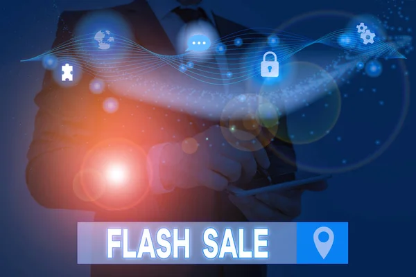Sinal de texto mostrando Flash Sale. Foto conceitual uma venda de mercadorias a preços muito reduzidos em um curto período . — Fotografia de Stock