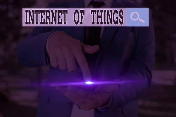 Κείμενο πινακίδα που δείχνει το Internet Of Things. Εννοιολογική φωτογραφία σύνδεση συσκευών στο δίκτυο για αποστολή λήψη δεδομένων. — Φωτογραφία Αρχείου