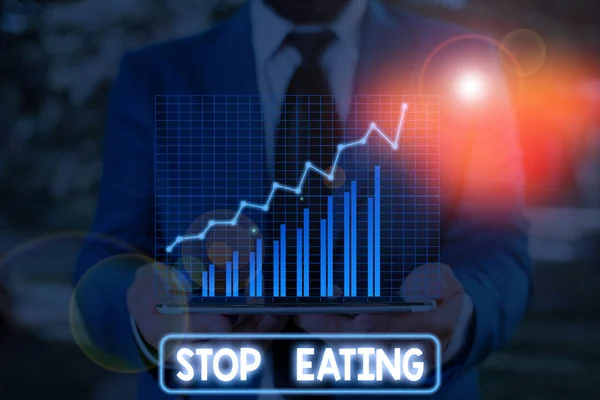 ストップ・イングを示す概念的な手書き。口の中に食物を入れたり摂ったりする行為をやめるビジネス写真. — ストック写真