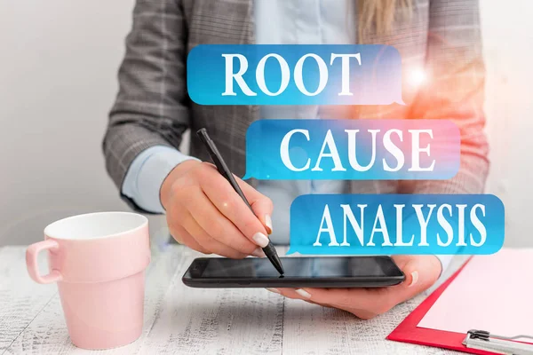 Writing note showing Root Cause Analysis. Business photo showcasing Method of Problem Solving Identify Fault or Problem Business concept with mobile phone in the hand.