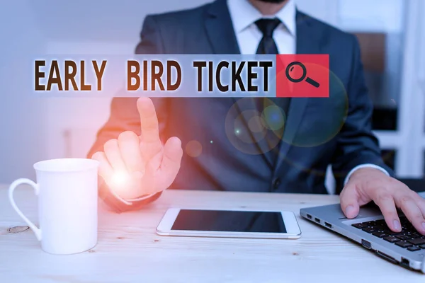 Handwriting text Early Bird Ticket. Concept meaning Buying a ticket before it go out for sale in regular price Male human wear formal clothes present presentation use hi tech smartphone. — Stock Photo, Image