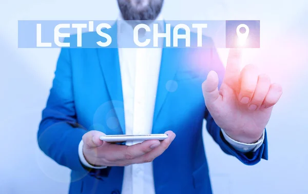 Handwriting text writing Let S Is Chat. Concept meaning inviting the demonstrating to have informal conversation with you Businessman in the blue suite with lap top pointing with finger. — Stock Photo, Image