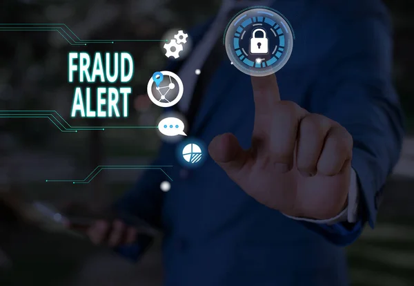 Texte montrant Alerte à la fraude. Alerte conceptuelle de sécurité de photo placée sur le compte de carte de crédit pour identité volée . — Photo