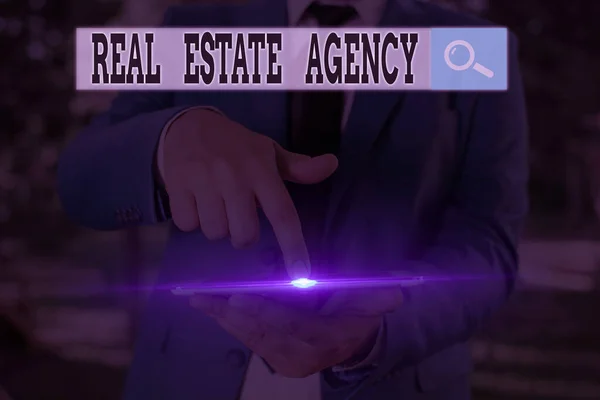 Text sign showing Real Estate Agency. Conceptual photo Business Entity Arrange Sell Rent Lease Manage Properties. — Stock Photo, Image