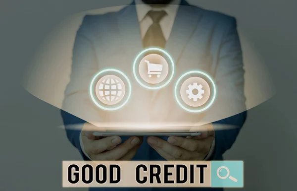 Writing note showing Good Credit. Business photo showcasing borrower has a relatively high credit score and safe credit risk.