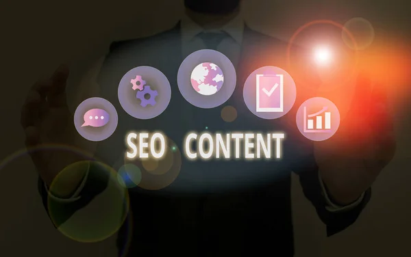 Handschrifttekst Seo Content. Concept betekent het creëren van inhoud die webpagina 's helpt om hoog te scoren op zoek. — Stockfoto