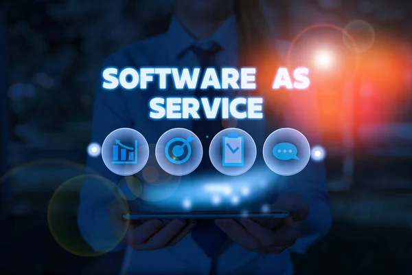 Conceptual hand writing showing Software As Service. Business photo showcasing On Deanalysisd licensed on Subscription and centrally hosted. — Stock Photo, Image