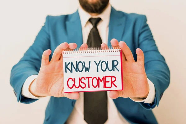 Word writing text Know Your Customer. Business concept for Marketing creating a poll improve product or brand Man holds empty paper with copy space in front of him Copy Space. — Stock Photo, Image