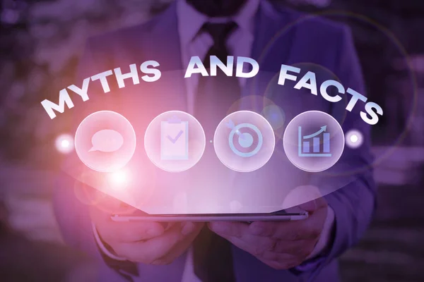 Text sign showing Myths And Facts. Conceptual photo Oppositive concept about modern and ancient period. — Stock Photo, Image