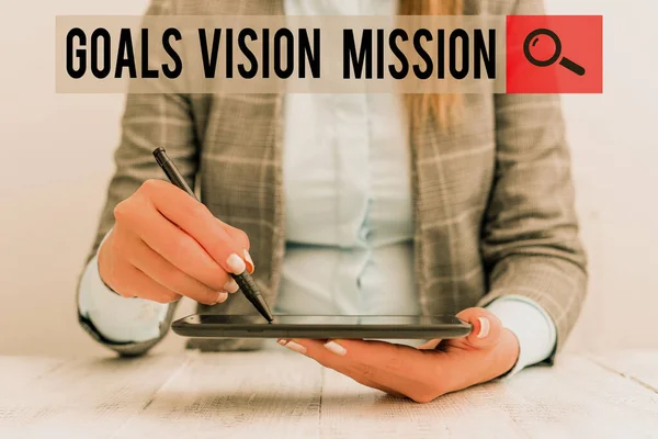 Writing note showing Goals Vision Mission. Business photo showcasing practical planning process used to help community group Business woman sitting with mobile phone and pen in the hand.