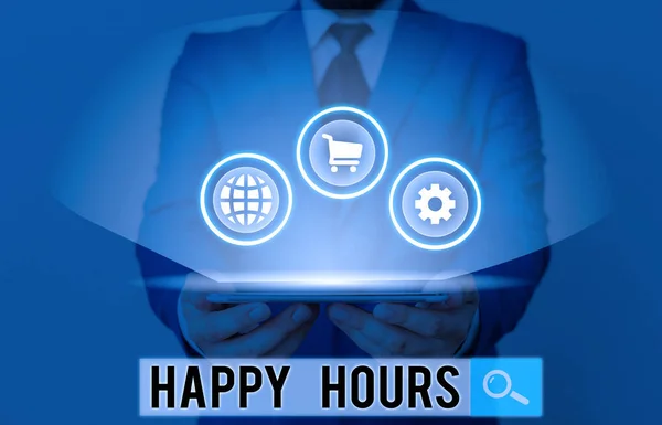 Writing note showing Happy Hours. Business photo showcasing when drinks are sold at reduced prices in a bar or restaurant. — Stock Photo, Image