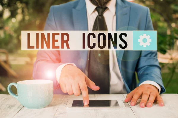 Текст текста Liner Icons. Бизнес-концепция для использования с целью улучшения визуального интереса и привлечения внимания пользователя - это внимание с указательным пальцем перед собой. . — стоковое фото