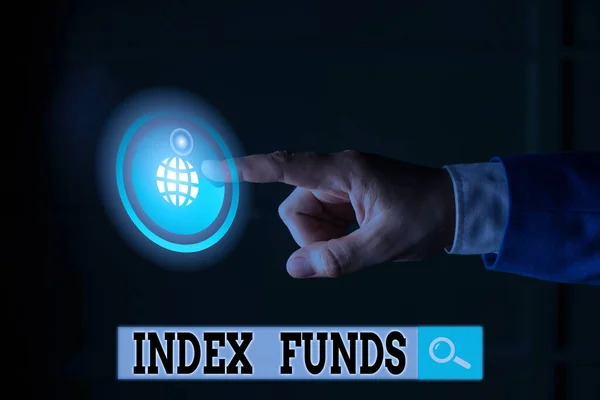 Handschrift tekstschrijven Index fondsen. Begrip onderling fonds dat is opgebouwd om de aandelen van een marktindex te matchen. — Stockfoto