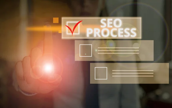 Fogalmi kézírás a Seo Process-ről. Üzleti fotó szöveges lépések javítása minőségének és mennyiségének weboldal forgalom. — Stock Fotó
