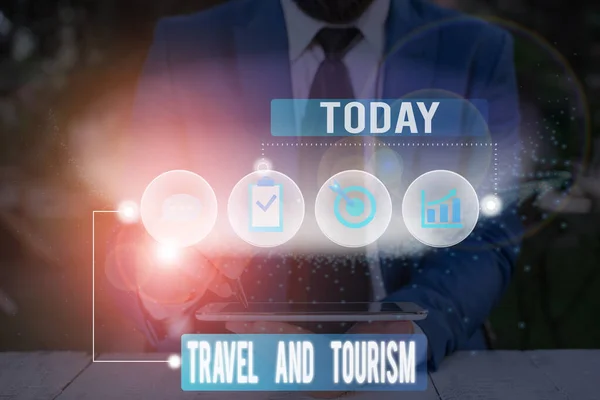 Schrijven van notitie weergegeven: reizen en toerisme. Zakelijke foto presentatie van tijdelijke verplaatsing van personen naar bestemmingen of locaties. — Stockfoto