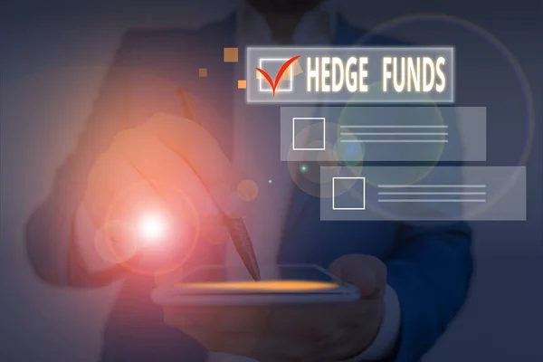 Writing note showing Hedge Funds. Business photo showcasing basically a fancy name for an alternative investment partnership.