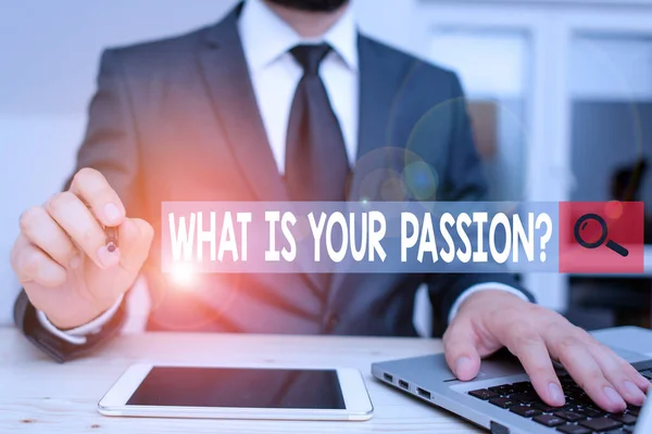 Text sign showing What Is Your Passion Question. Conceptual photo asking about his strong and barely controllable emotion Male human wear formal clothes present presentation use hi tech smartphone. — ストック写真