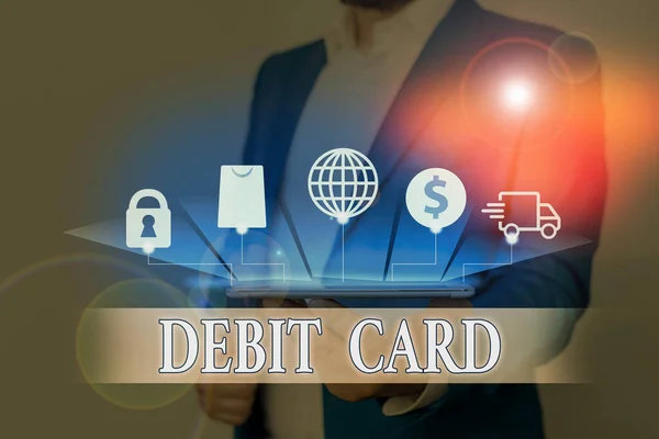 Text sign showing Debit Card. Conceptual photo card that deducts money directly from a demonstrating s is checking account. — Stock Photo, Image