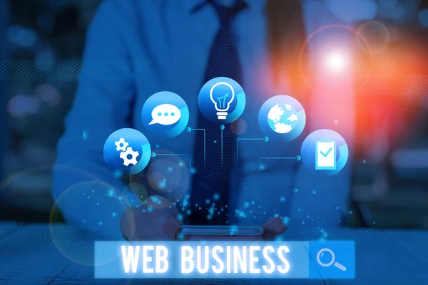 Εννοιολογική γραφή χέρι δείχνει Web Business. Επαγγελματική φωτογραφία προβολή πώλησης online υπηρεσιών ή προϊόντων Κάνοντας online επιχειρήσεις. — Φωτογραφία Αρχείου