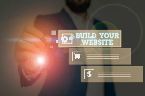 概念的な手書きのあなたのウェブサイトの構築を示します。ビジネス写真テキスト、ビジネスを販売する e コマース システムを設定. — ストック写真