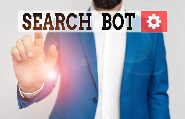 Handwriting text Search Bot. Concept meaning a program that runs automated tasks over the Internet or network Businessman in blue suite and white shirt pointing with finger in empty space. — Stock Photo, Image