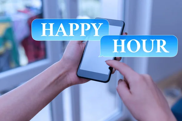 Text sign showing Happy Hour. Conceptual photo when drinks are sold at reduced prices in a bar or restaurant woman using smartphone office supplies technological devices inside home. — Stock Photo, Image