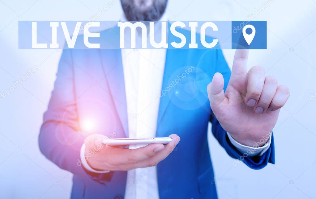 Handwriting text writing Live Music. Concept meaning perforanalysisce given by one or more singers or instrumentalists Businessman in the blue suite with lap top pointing with finger.