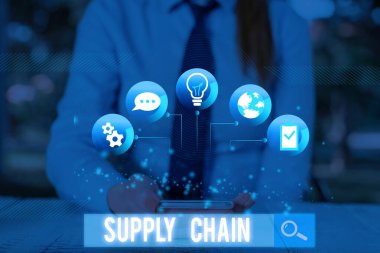 Conceptual hand writing showing Supply Chain. Business photo showcasing network between a company and suppliers in producing a product.