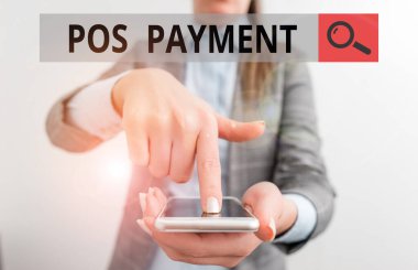 Writing note showing Pos Payment. Business photo showcasing customer tenders payment in exchange for goods and services Business woman points with finger on touch screen.