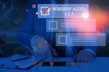 Conceptual hand writing showing Workshop Agenda 123. Business photo text help to ensure that Event Stays on Schedule. clipart