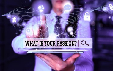 Tutkunun Sorusu 'nu gösteren kavramsal el yazısı. İş fotoğrafı sergisi onun güçlü ve zar zor kontrol edilebilir duygusunu modern akıllı cihazla fotoğraf ağı şemasını soruyor..