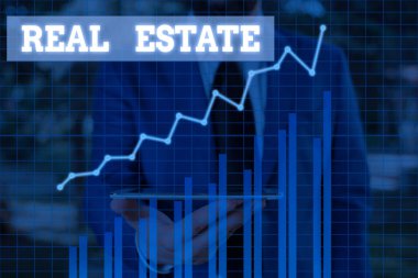 Kelime yazma metni Emlak. Arazi ve binalardan oluşan arazi için iş konsepti.